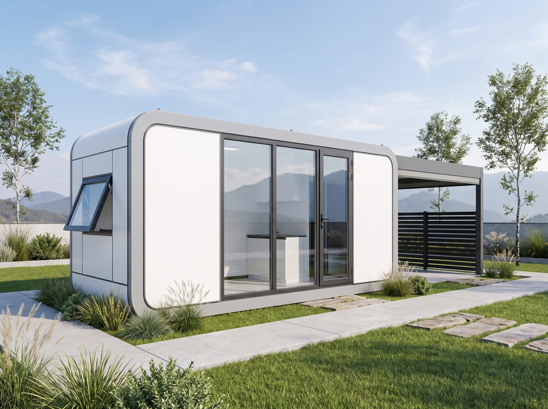 Cabine design de 12,5 m² à façade aluminium et baie vitrée panoramique