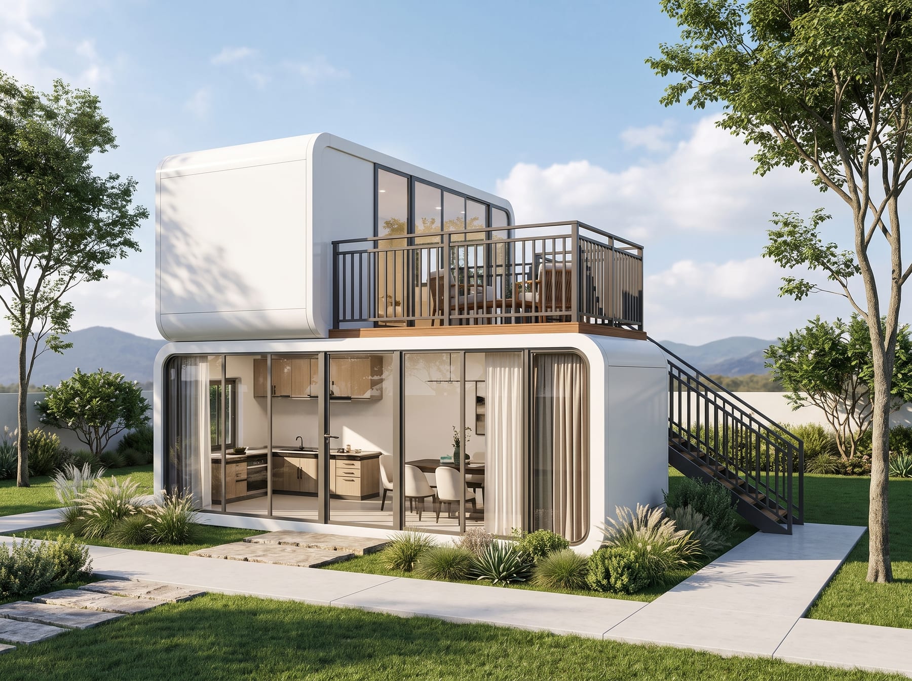 Cabine design de 24,7 m² avec terrasse acier et escalier