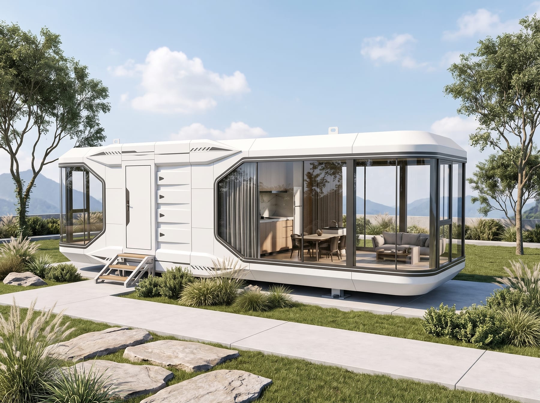 Capsule d'hébergement de 38 m² à baies panoramiques posée en pleine nature