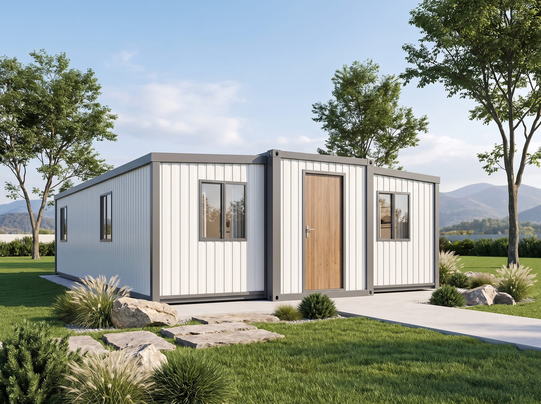 Maison expandable de 56 m² installée sur un emplacement de camping