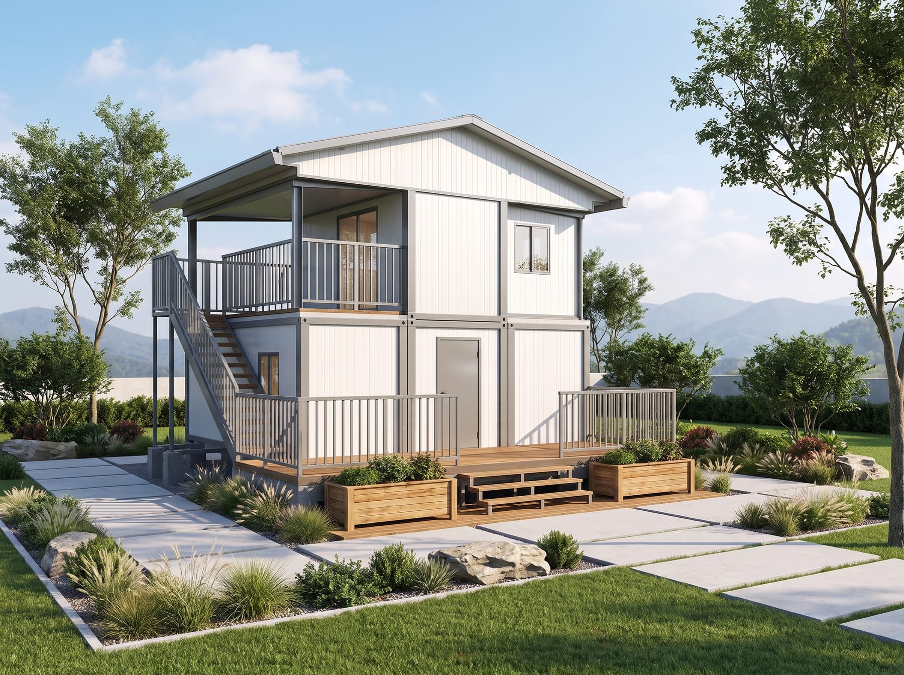 Maison expandable sur deux niveaux avec escalier et terrasse acier